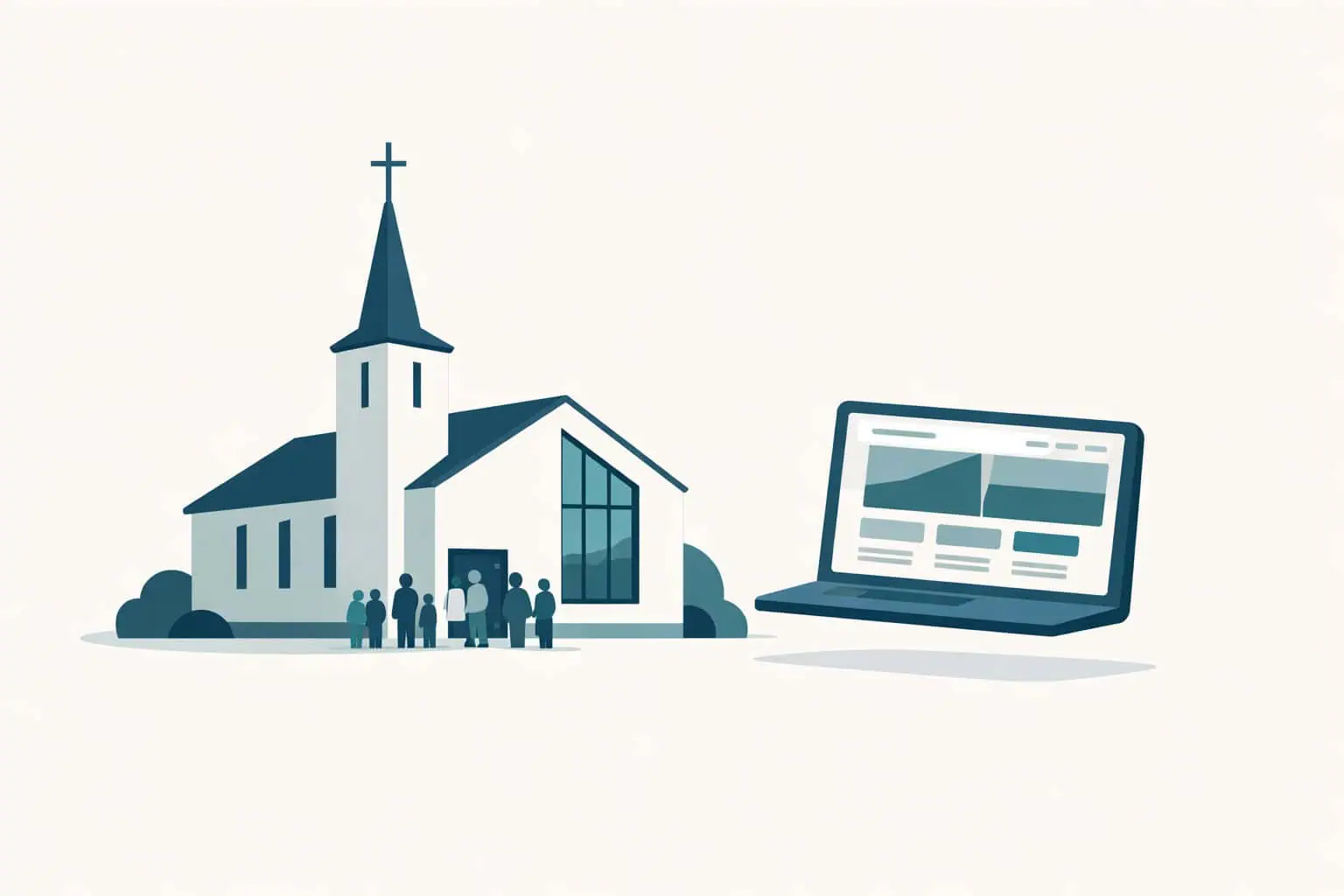 Illustrasjon av moderne kirke med laptop som viser menighetsside