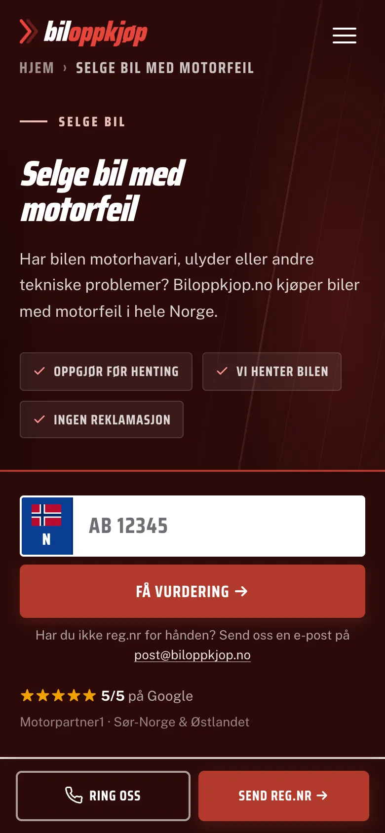 Biloppkjøp.no: landingssidene på mobil