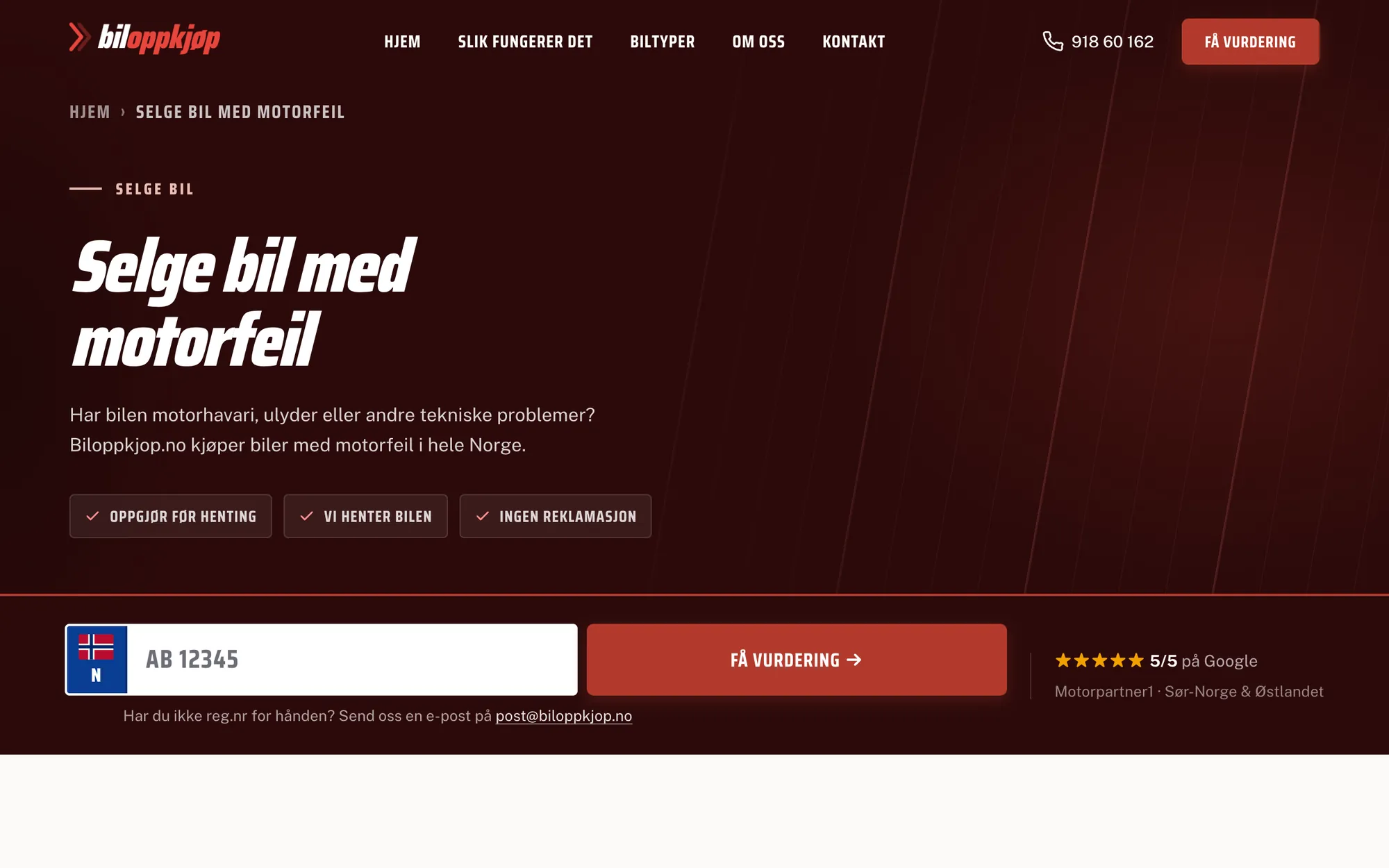 Biloppkjøp.no: landingssidene på PC