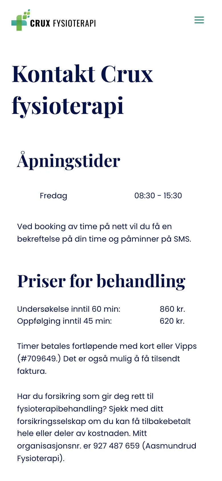 CruxFysio.no: kontakt på mobil