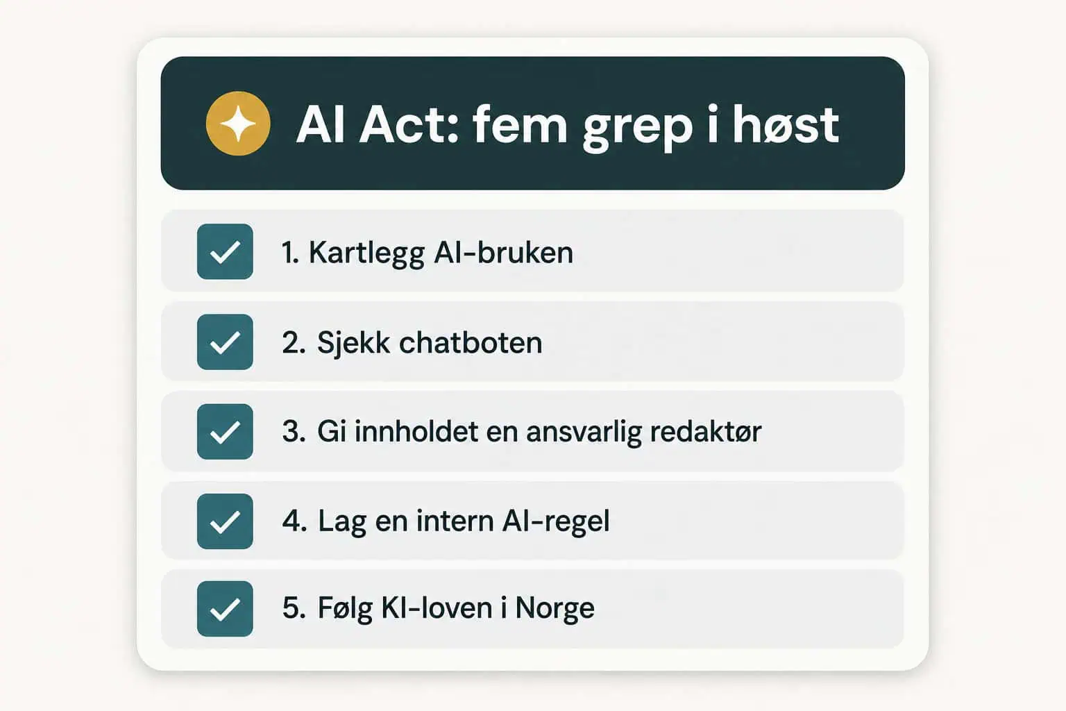 Sjekkliste med fem AI Act-grep for bedrifter