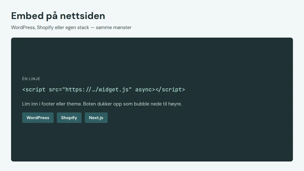 Embed av chatbot for nettside på WordPress og Shopify med én script-linje