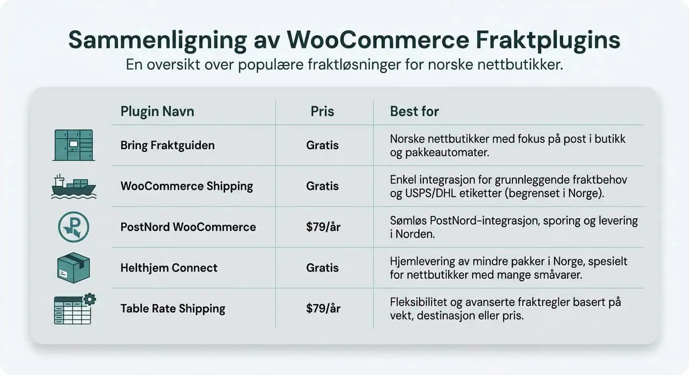 WooCommerce frakt-pluginer sammenlignet Bring Posten Helthjem