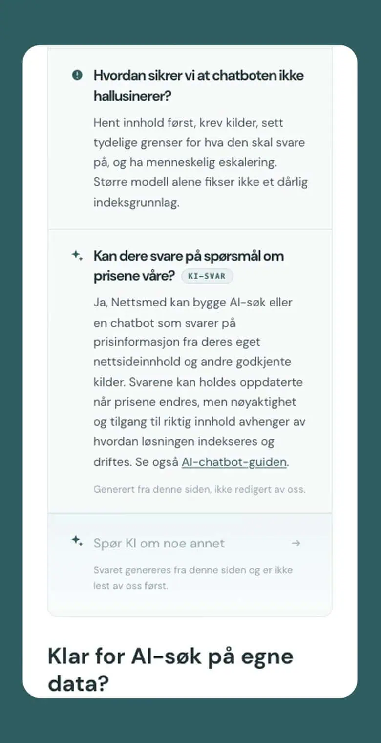 Infinite FAQ på mobil: AI-svaret legger seg som ny rad, merket KI-svar