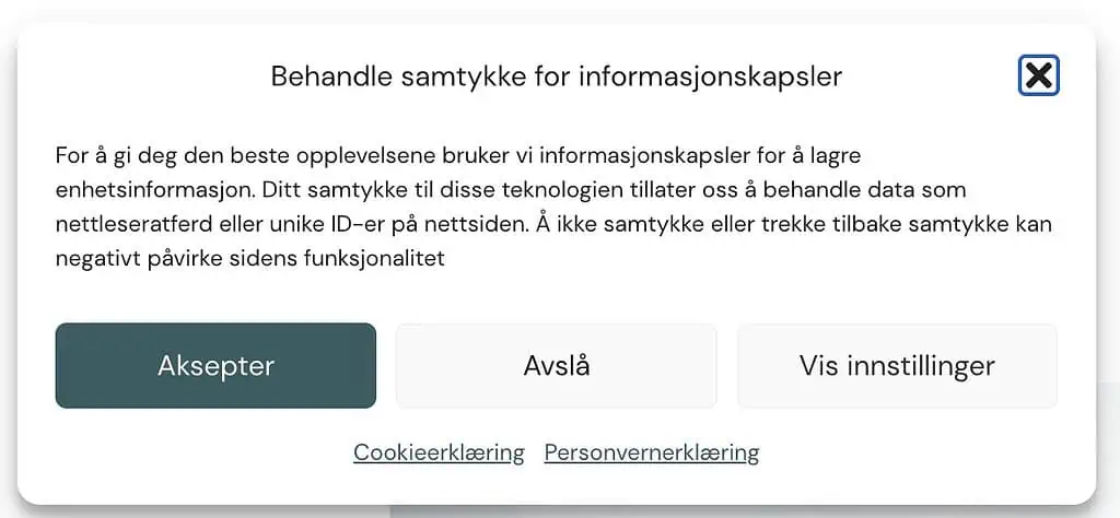 Eksempel på samtykkebanner: Nettsmed.