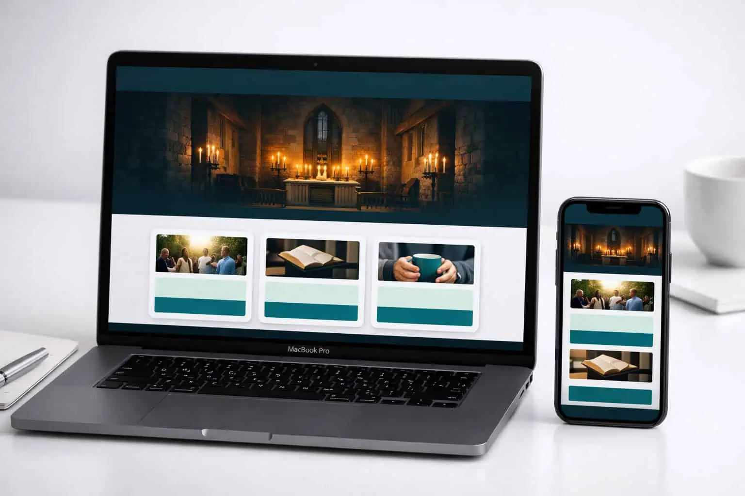 Eksempel på profesjonell nettside for kirke og menighet vist på mobil og desktop