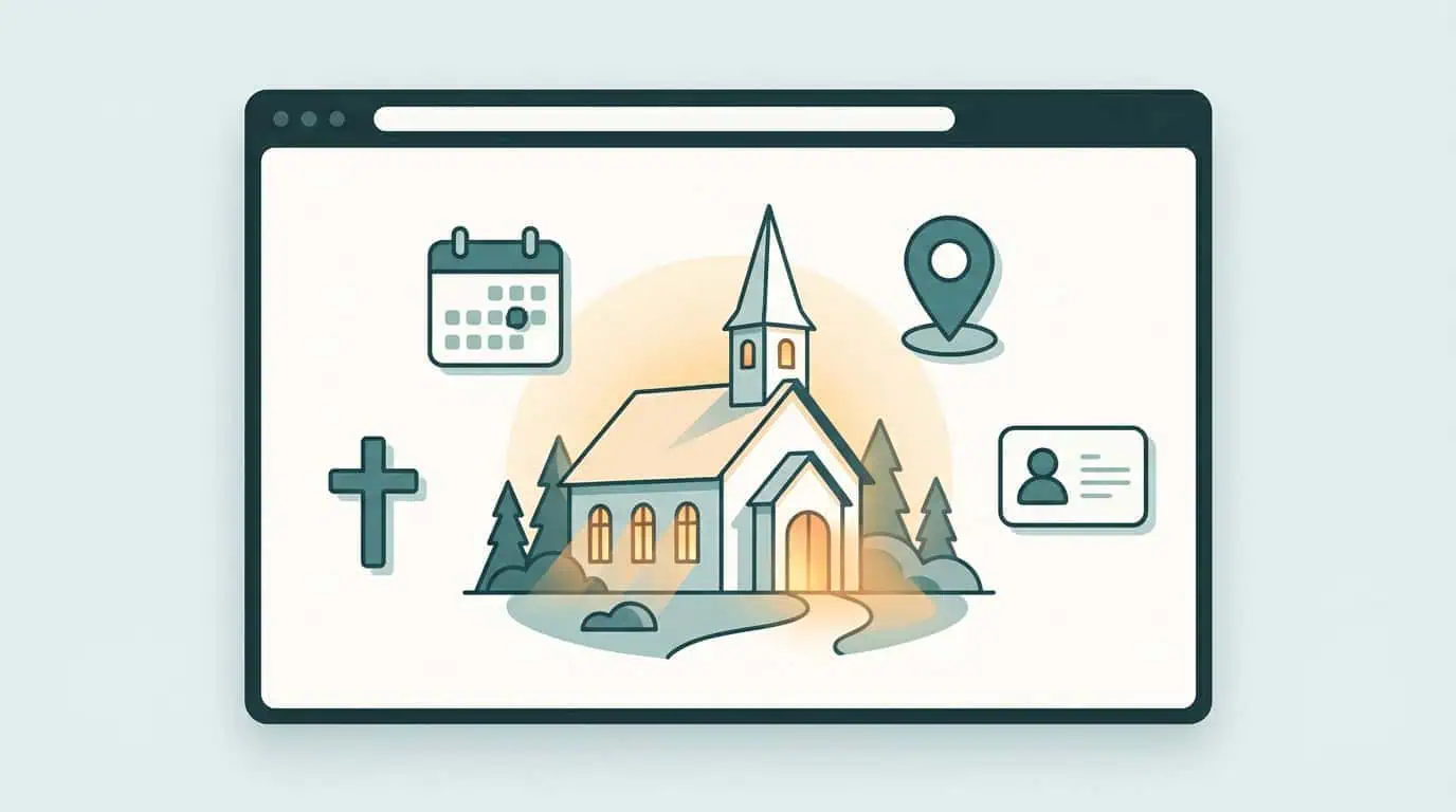 Illustrasjon av kirke med nettside-ramme rundt
