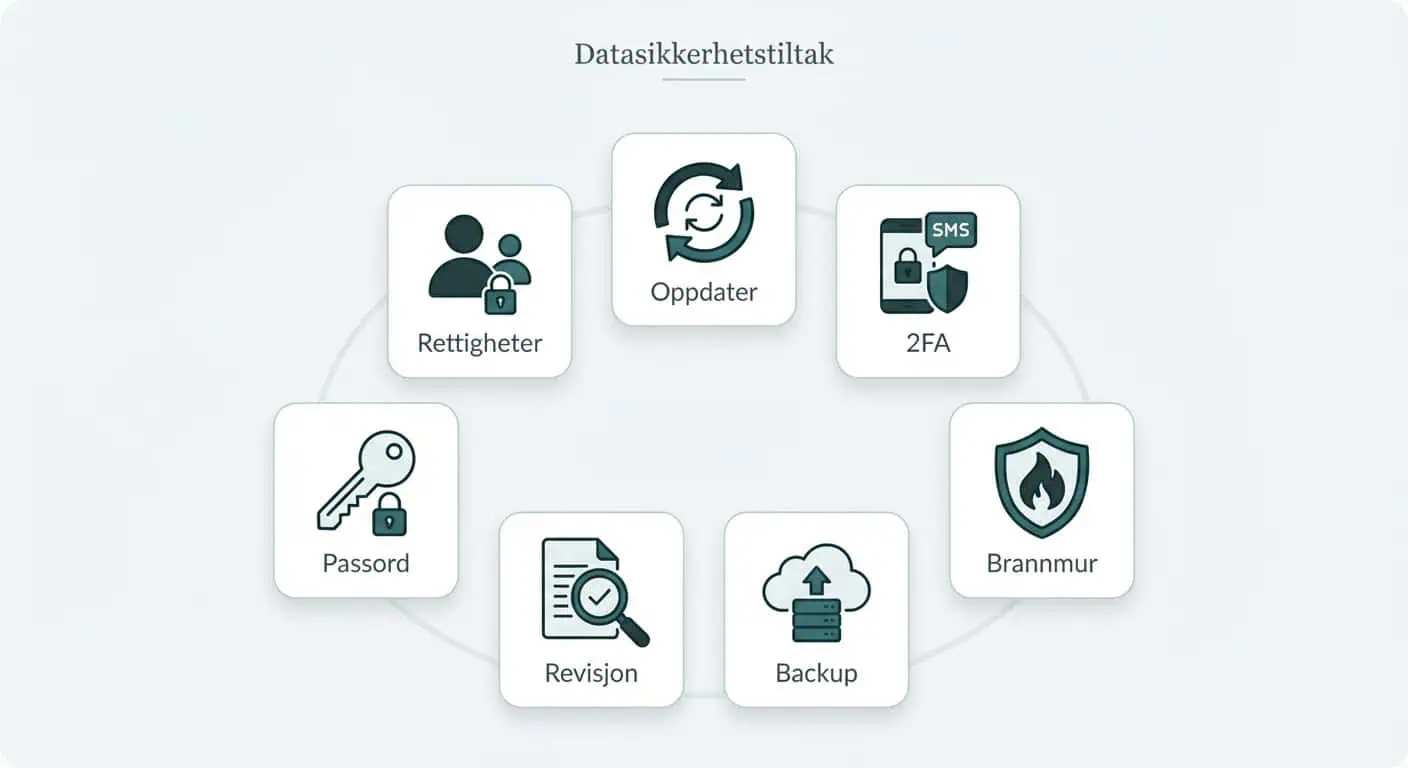 7 WordPress sikkerhetstiltak — oppdater, 2FA, brannmur, backup, revisjon, passord og rettigheter