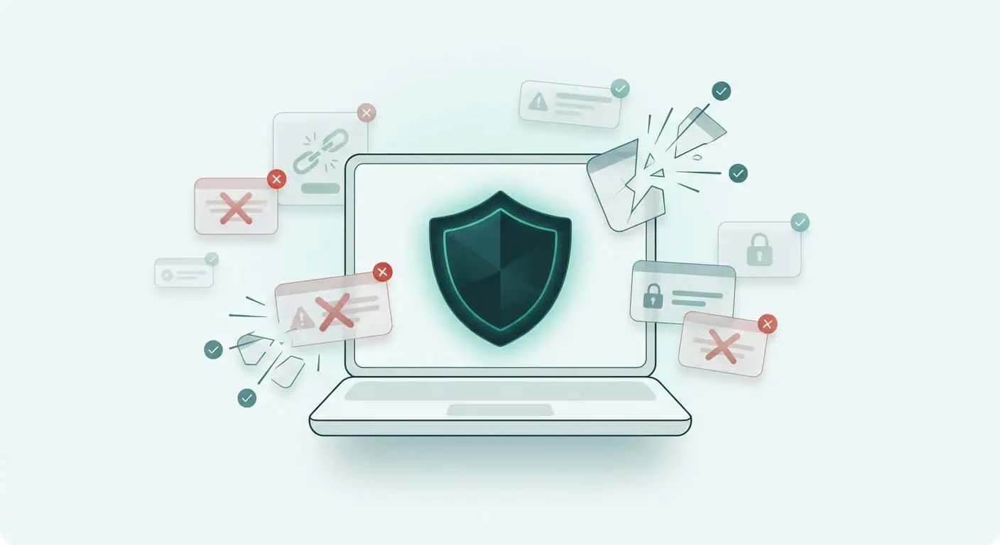 WordPress sikkerhet — laptop med skjold som blokkerer trusler og advarsler