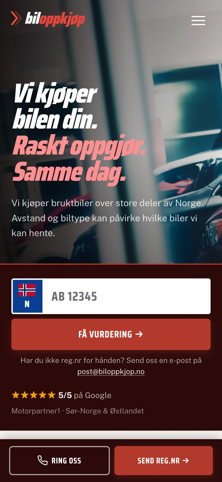 Biloppkjøp.no på mobil med fast bunnlinje