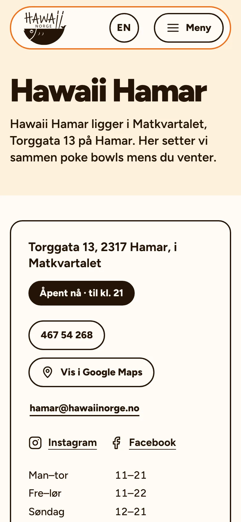 Hawaii Hamar på mobil, med «Åpent nå» og åpningstider