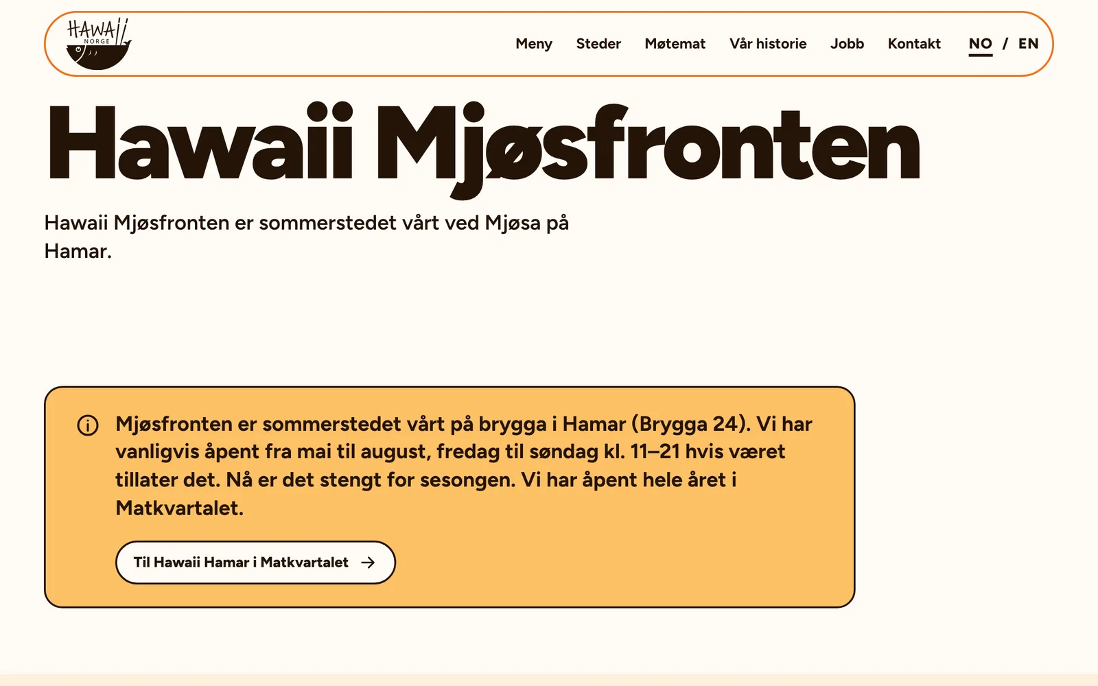 Siden for sommerstedet Hawaii Mjøsfronten, stengt for sesongen