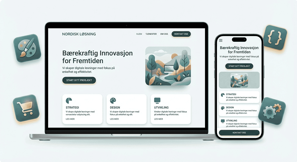 Nettside for bedrift – Alt du trenger å vite (2026) 2 Nettside for bedrift vist på laptop og mobil