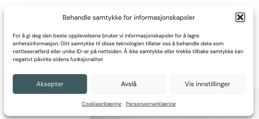 Når Google Analytics blir et problem for kristne nettsteder – og hvordan vi løser det med et europeisk analyseverktøy 3 Eksempel på samtykkebanner: Nettsmed.