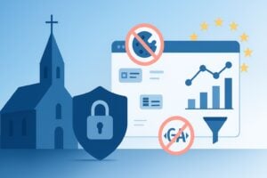 Bildet viser en kirke og et sikkerhetsdashboard, om artikkel som omhandler europeisk analyseverktøy og Google Analytics.