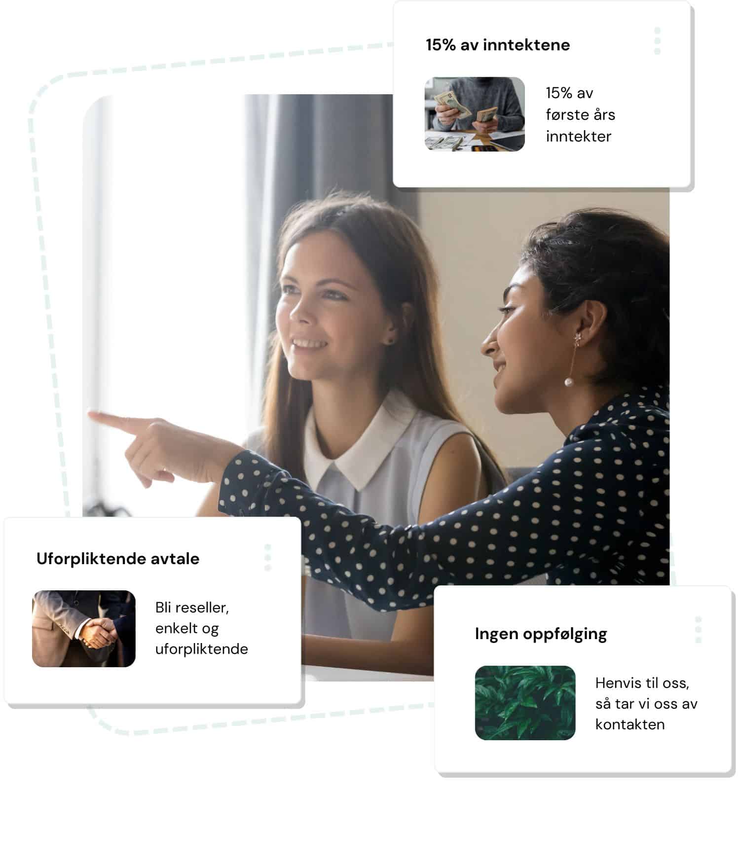 Kvinne peker på en skjem og viser for annen kvinne. Nettsmed reseeler avtale. Nettside pris