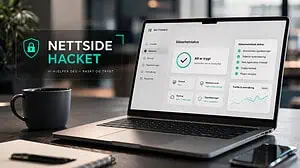 Nettside hacket — illustrasjon av Nettsmed sitt sikkerhetsdashboard på en laptop, med status "Alt er trygt", aktive sikkerhetstiltak som tofaktor-autentisering og brannmur, og trafikkovervåking i sanntid.