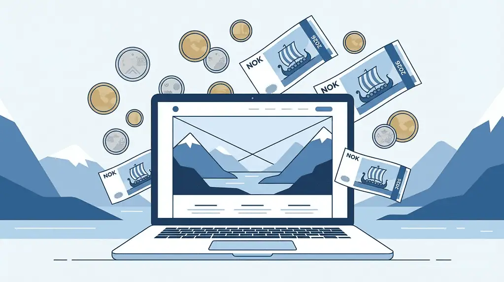 Nettside pris 2026 — laptop med norske kroner illustrerer hva en nettside koster