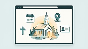 Illustrasjon av kirke med nettside-ramme rundt