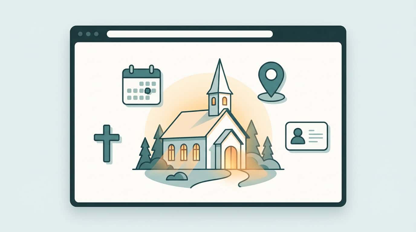 Illustrasjon av kirke med nettside-ramme rundt