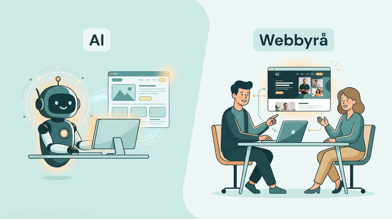 Nettside AI i 2026 — når holder det, og når trenger du noen som tar ansvar? 1 Webbyrå vs AI — robot og utvikler side om side