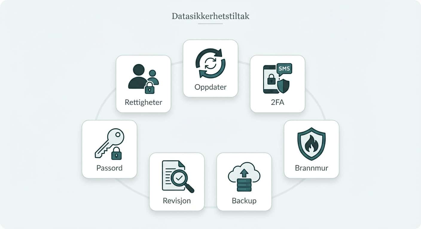 7 WordPress sikkerhetstiltak — oppdater, 2FA, brannmur, backup, revisjon, passord og rettigheter