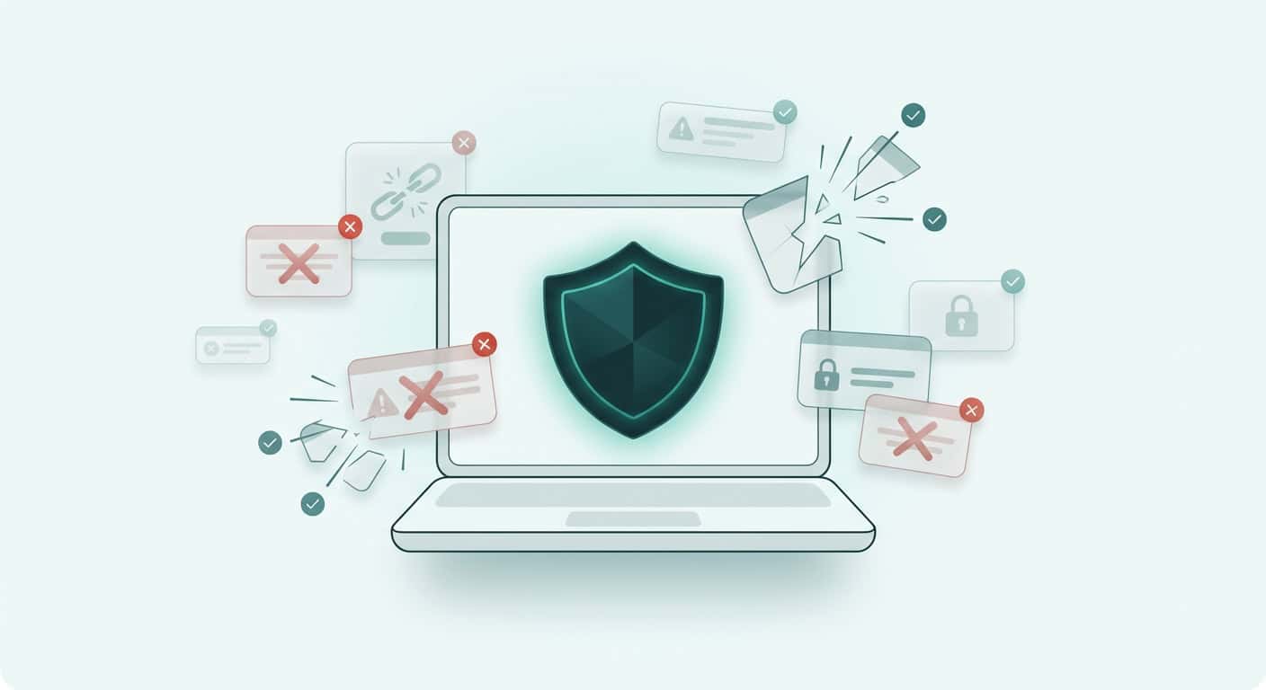 WordPress sikkerhet — laptop med skjold som blokkerer trusler og advarsler