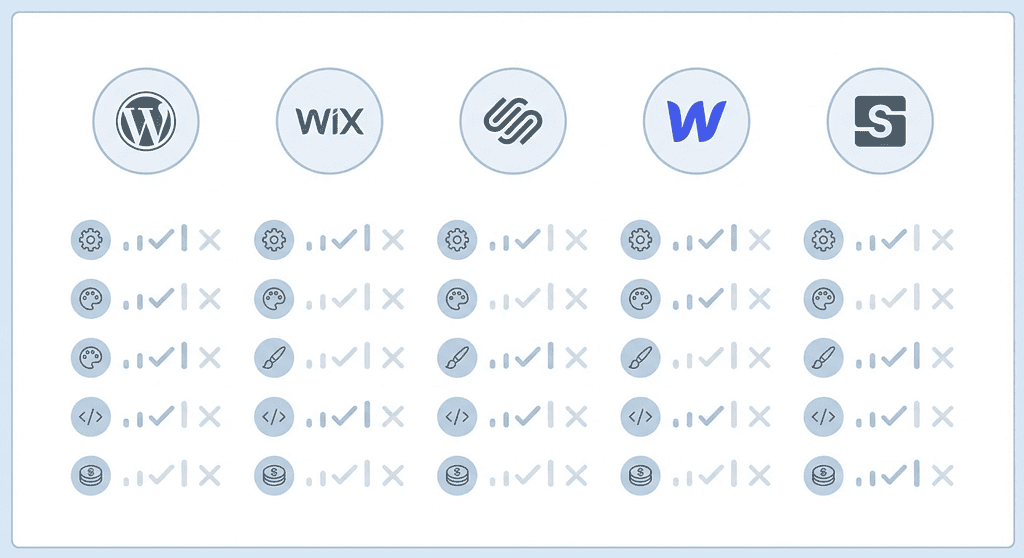 Sammenligning av ulike CMS-plattformer — WordPress, Wix, Squarespace, Webflow og Sanity