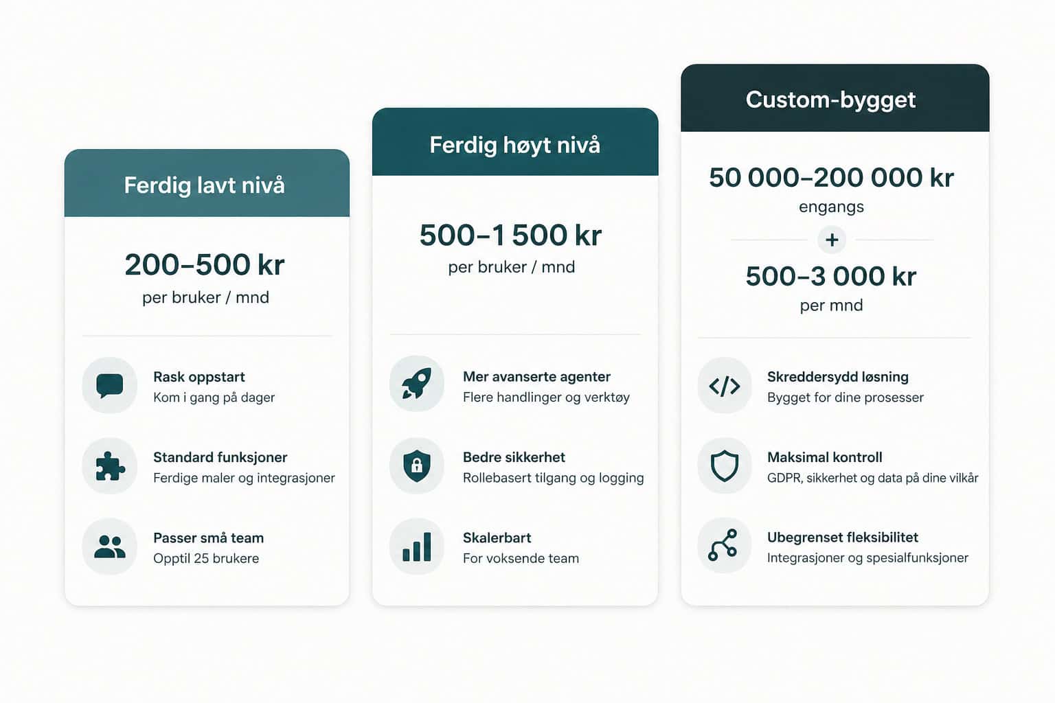 Pris-nivåer for AI-agent: Ferdig lavt nivå 200-500 kr/bruker/mnd, Ferdig høyt nivå 500-1500 kr/bruker/mnd, Custom-bygget 50000-200000 kr engangs + 500-3000 kr/mnd