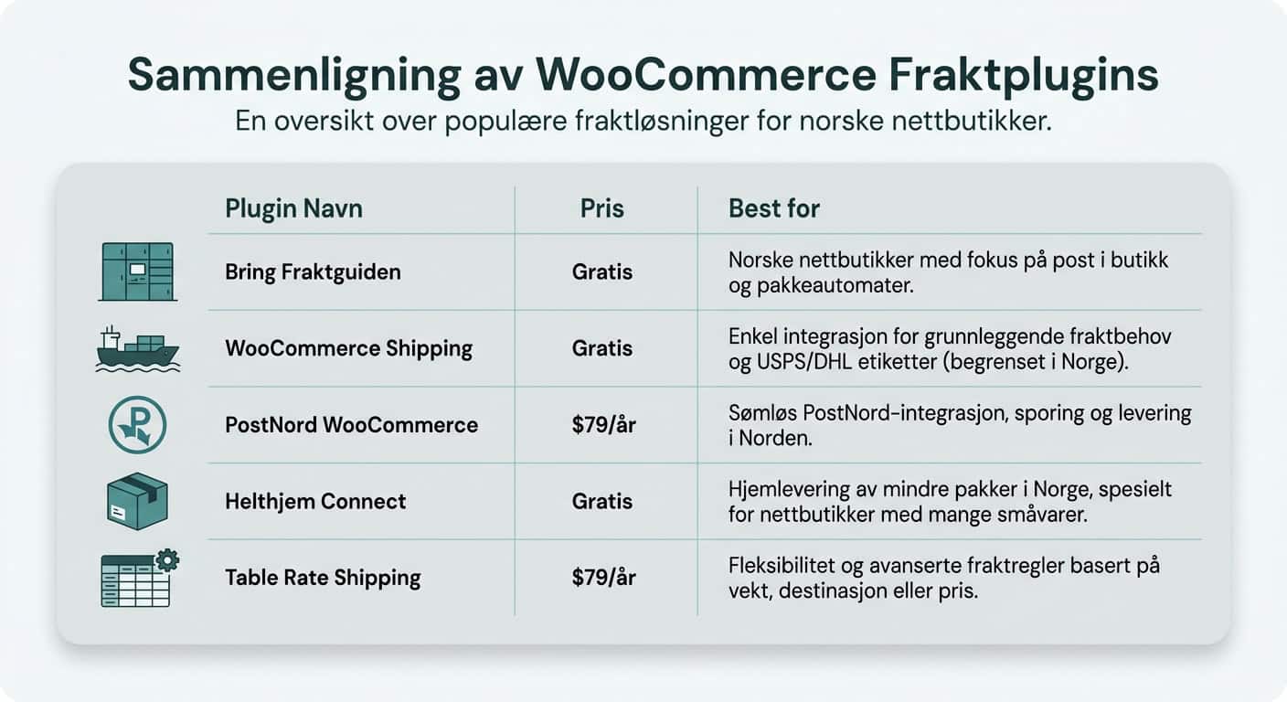 WooCommerce frakt-pluginer sammenlignet Bring Posten Helthjem