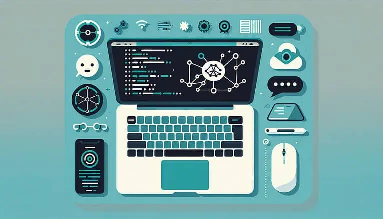 AI utvikler arbeider på laptop med kode og AI-symboler