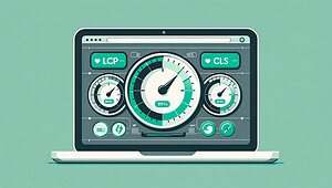 Laptop med Core Web Vitals dashboard for hastighetsoptimalisering