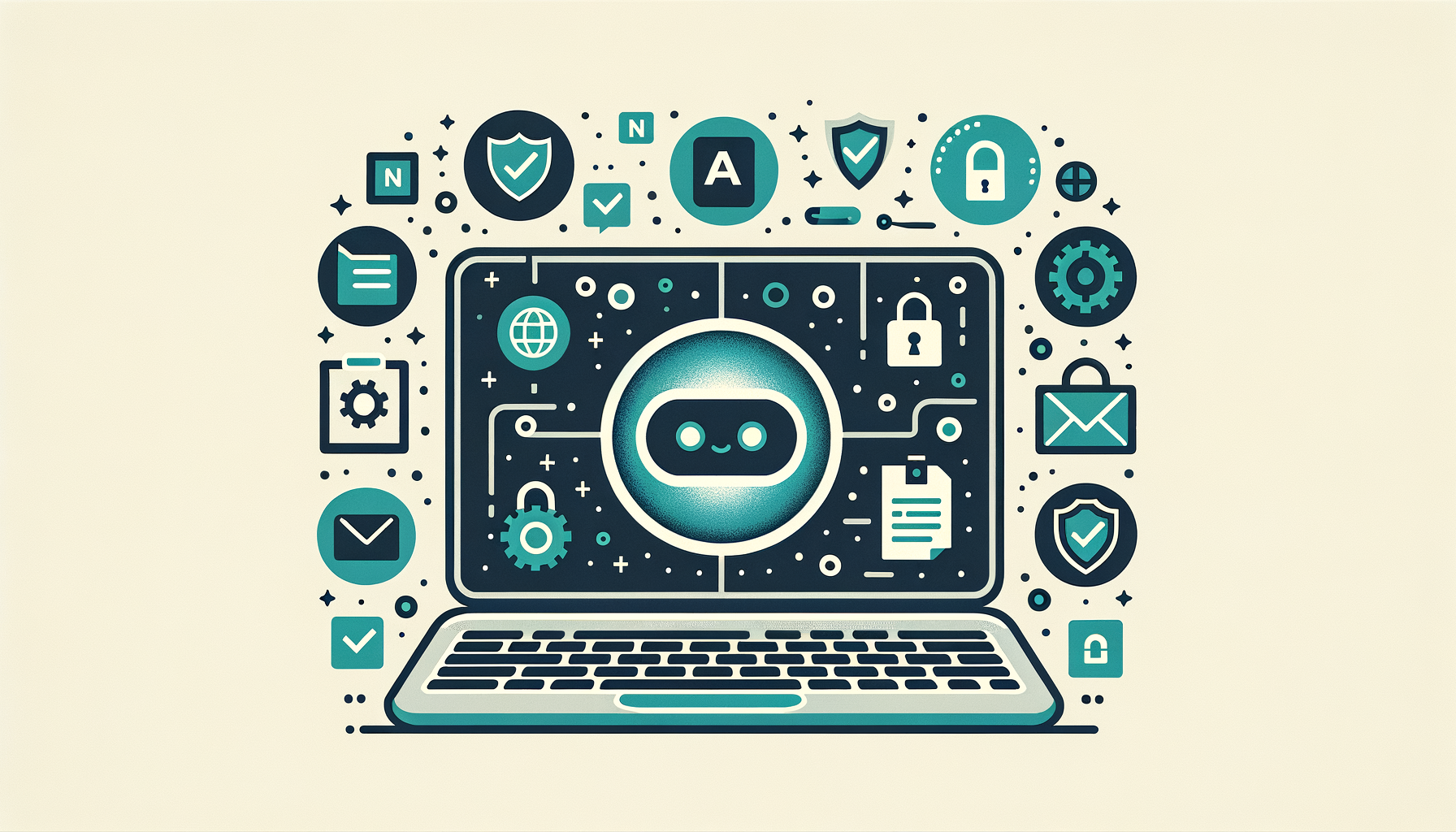 Laptop med AI-agent og GDPR-sjekkpunkter rundt