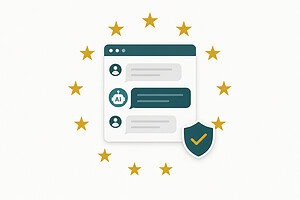 AI Act illustrert med EU-stjerner rundt en nettside med chatbot merket som AI