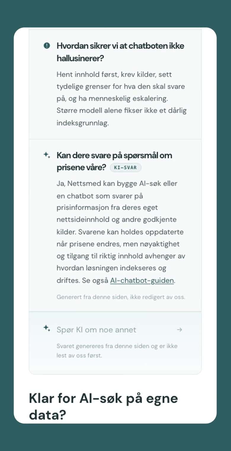 Infinite FAQ på mobil: AI-svaret legger seg som ny rad, merket KI-svar