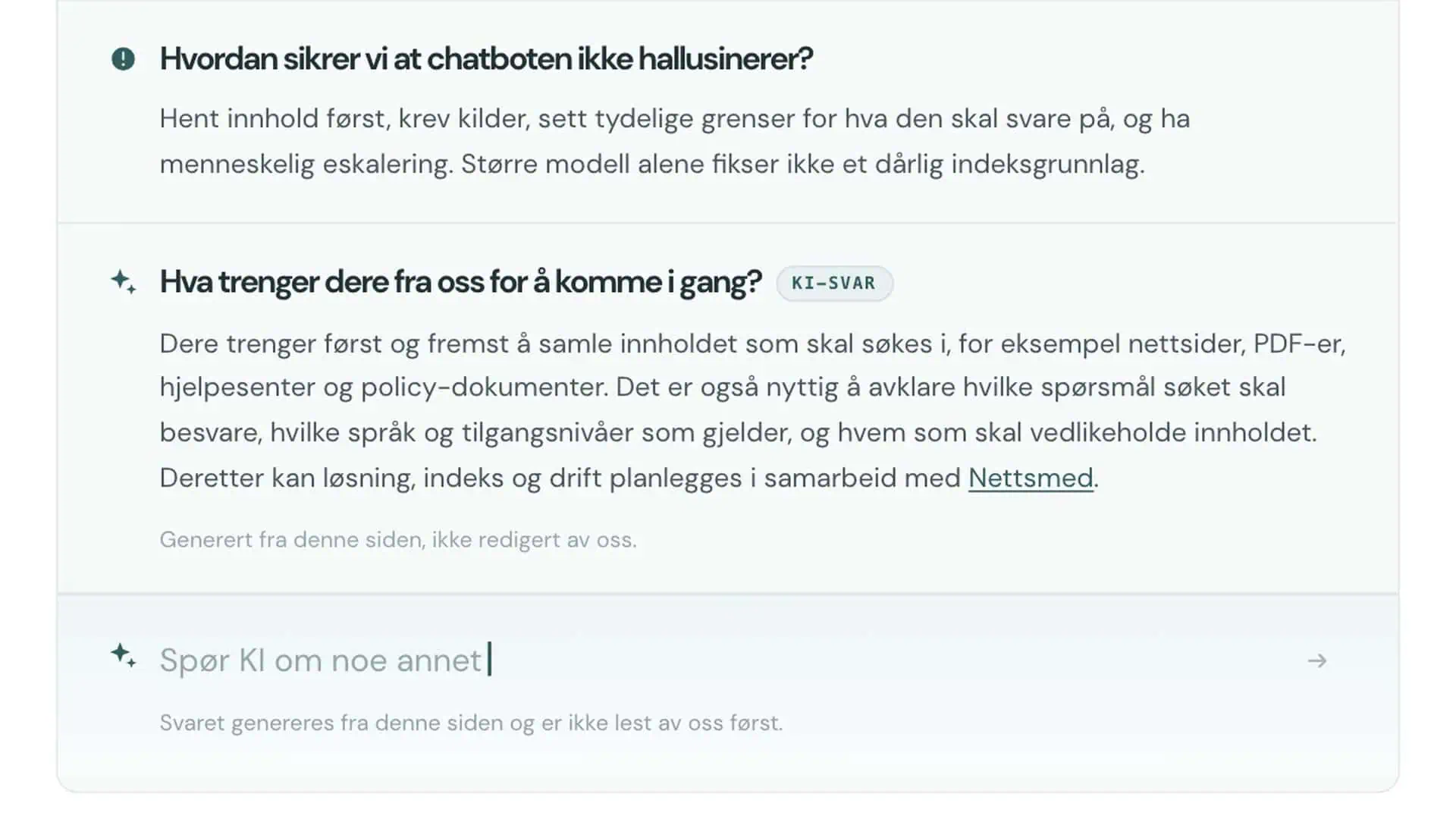 KI-svar strømmet inn som ny rad under FAQ-listen på nettsmed.no
